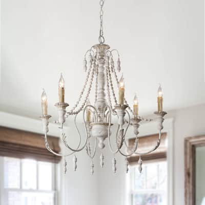 29.5" Distressed White Wood Beaded 6-Light Candle Chandelier