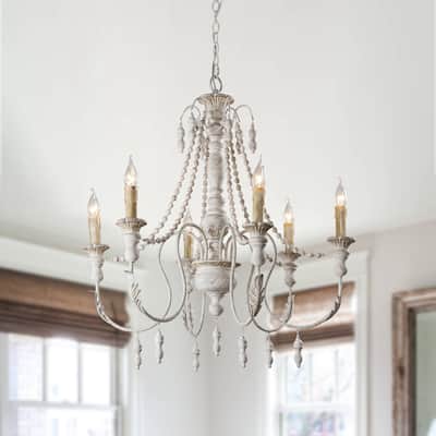 Farmhouse 6-Light Distressed Wood Chandelier in Antique White - 29.52-in W x 31.49 -in H