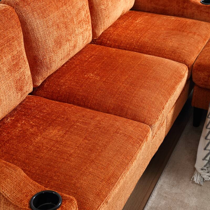 Modular Sectional Sofa with Storage Ottoman, Comfy Chenille Fabric Sofa, 3-Seater Sofa with Side Pockets & 2 Cup Holders