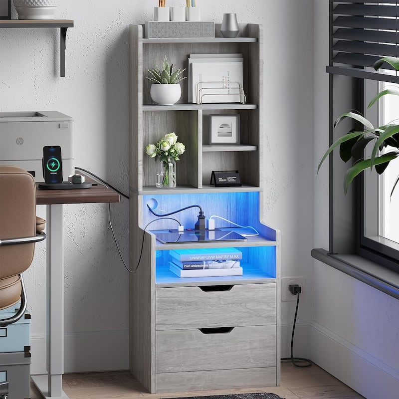 Nightstand with Bookshelf Tall Night Stand 2 Drawers - Grey