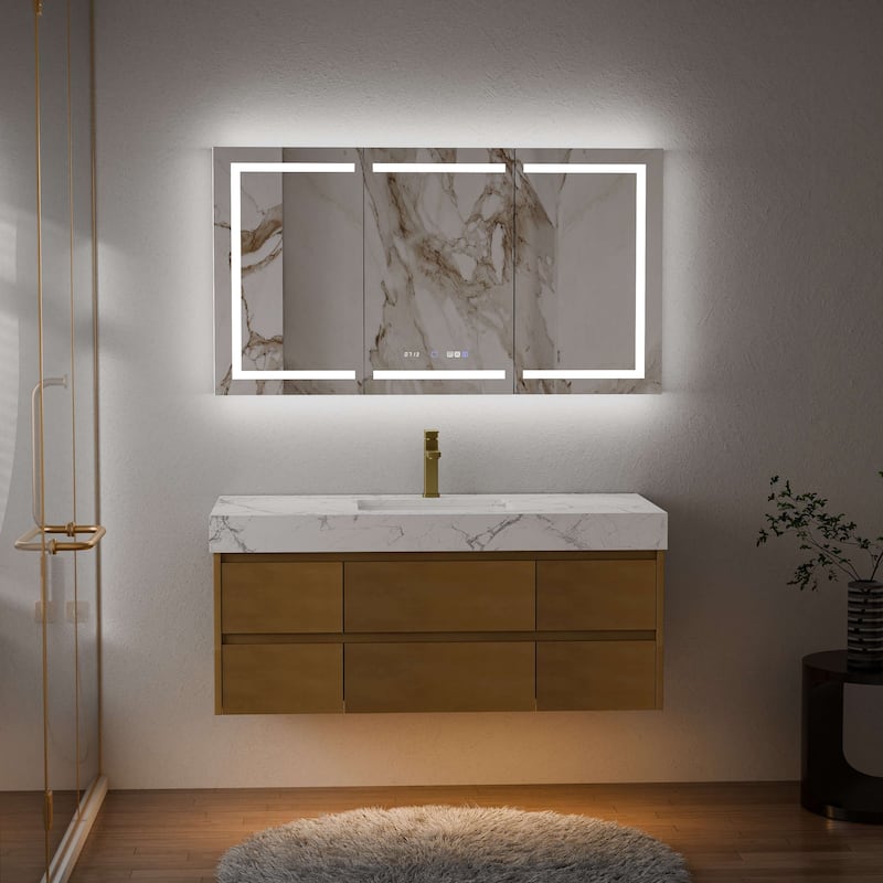 Modland 48" Floating Bathroom Vanity with Single/Double Sink, Modern Maple Wood Wall Mounted Vanity with Marble Countertop