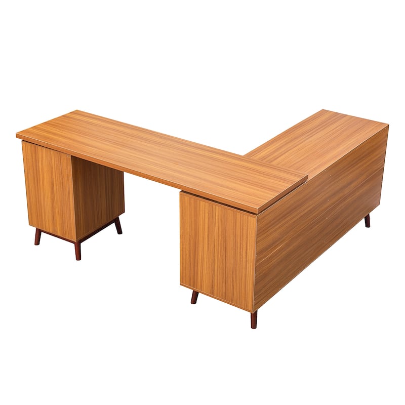 66.5" Large Office Desk with Drawers, Modern L-shaped Desk with Delicate Tempered Glass Cabinet Storage, Business Desk