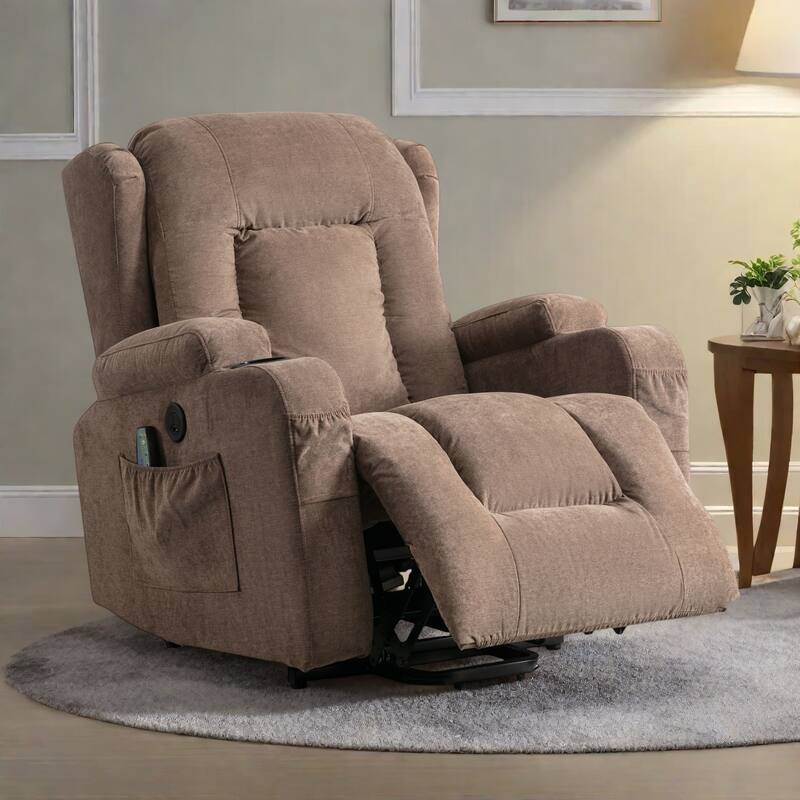 Power Lift Recliner Chair with Vibration Massage, Heating, USB Port, and Side Storage Pockets - Brown
