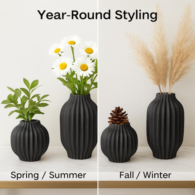 ARIA HOME Black Vertical Modern Ceramic Grooved Table Vase Set of 2