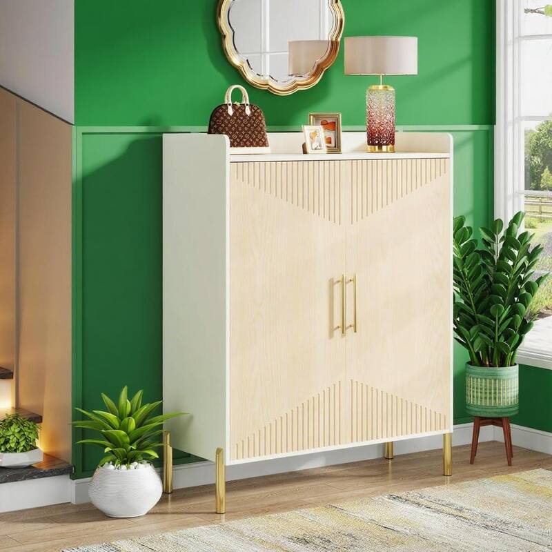 Modern 6-Tier Shoe Cabinet with Adjustable Shelves and 2 Doors for Hallway Entryway Storage - 35.43”L x 13.78”W x 42.52”H - White-Natural