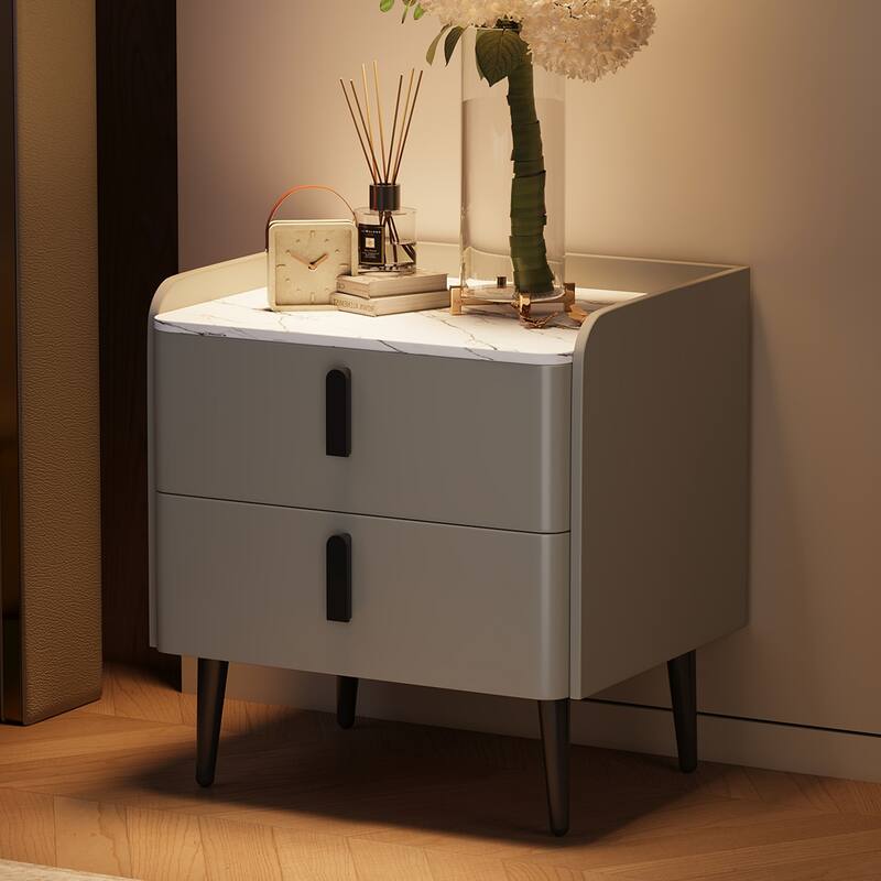 Modern Gray Nightstand with Marble-Pattern Tabletop and 2 Drawers