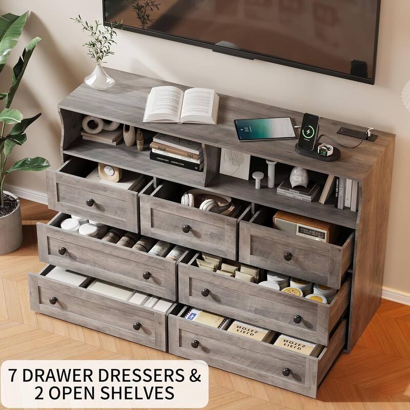 7 Drawer Dresser TV Stand for Bedroom with Charging Station & LED Lights