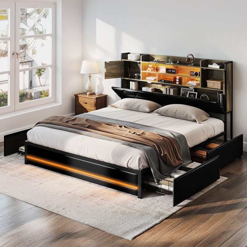 Queen/King Upholstered Bed Frame with RGB LED Lights & Storage Bookcase Headboard