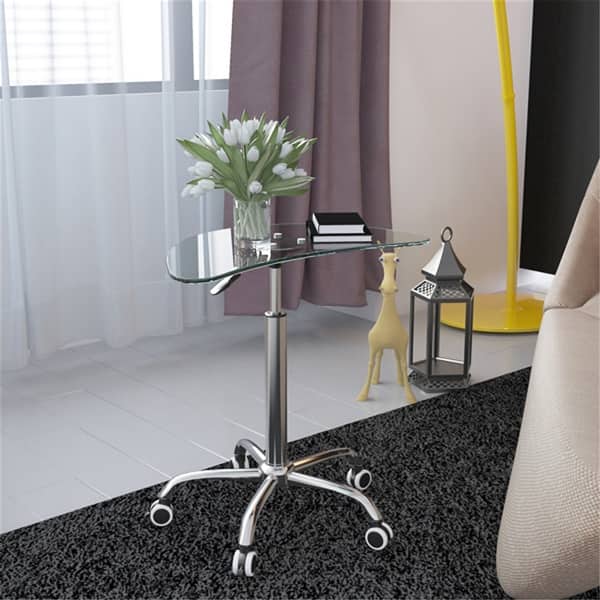 Adjustable Height Tempered Glass Desk Table with Lockable Wheels Bed