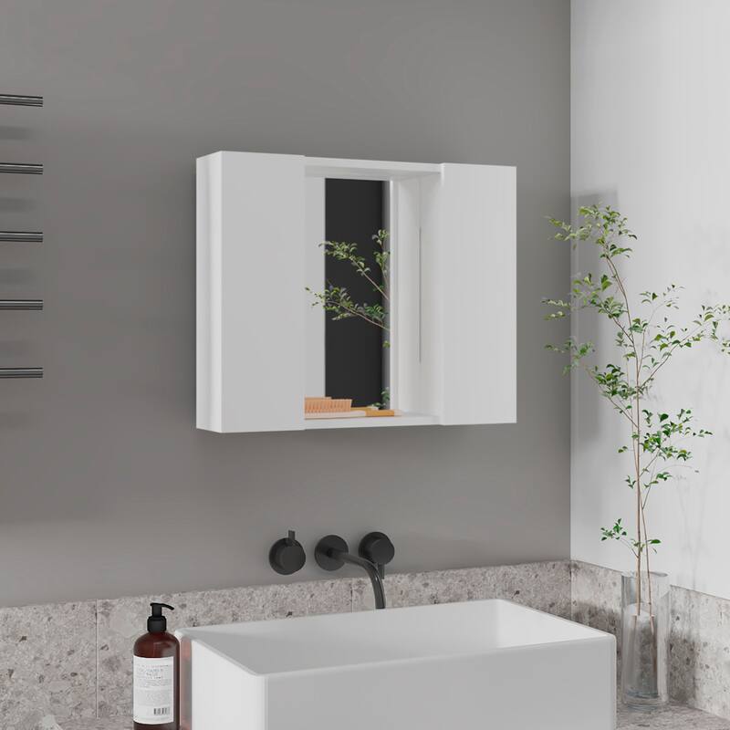 Wengue 1-Drawer Medicine Cabinet with Mirror, 7 Shelves, 2 Doors, Black Wengue Finish, Bathroom Storage Solution - 23.6X5.4 in - White + Particle Board
