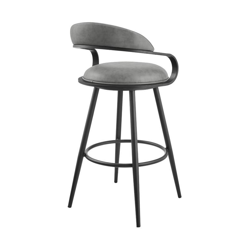 Gargy Swivel Barstool Chair with Floating Back, Black, Gray Faux Leather