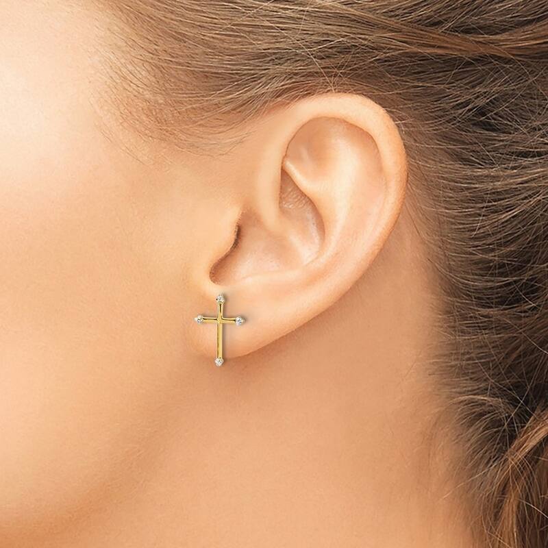 Curata 14k Yellow Gold White Rhodium Sparkle Cut Cross Post Earrings - 14.3x10.6mm