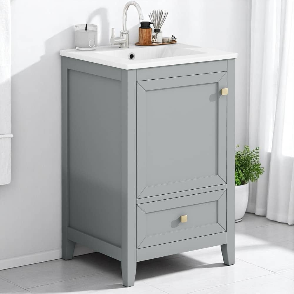 20" Freestanding Bathroom Vanity with Sink, Cabinet, Drawer & Two-Tier Storage Rack, White Finish