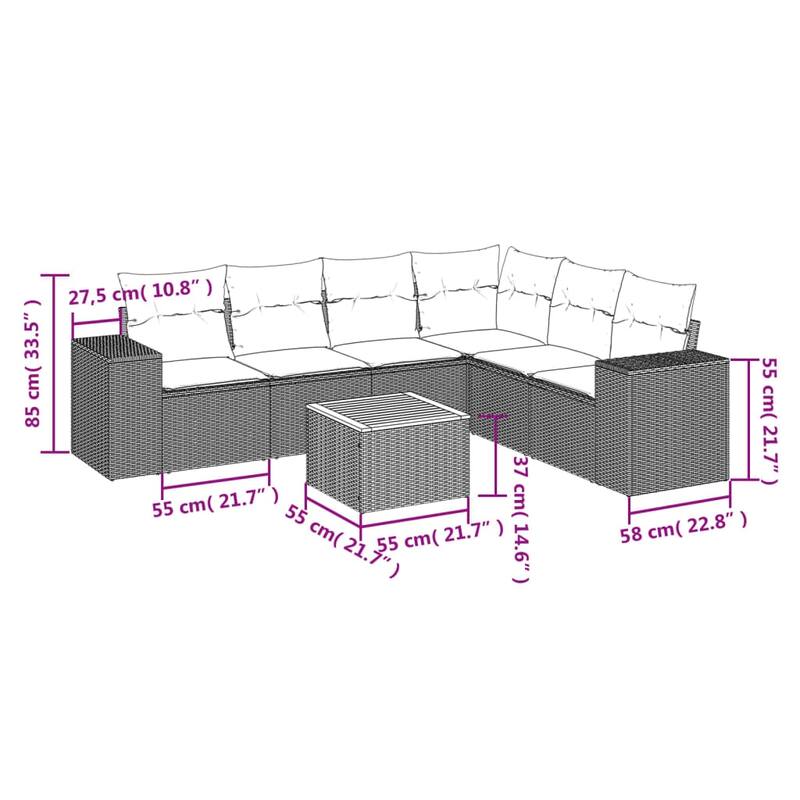 vidaXL Patio Sofa Set with Cushions Outdoor Furniture 7 Piece Poly Rattan - 24.4x 24.4x 27.2