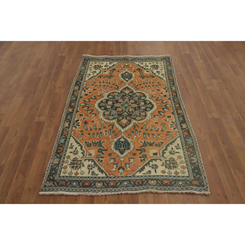 Hand Knotted Oriental 100% Wool Carpet Traditional Floral Oranges & Rust Tabriz Area Rug - 5' 1'' X 3' 2''