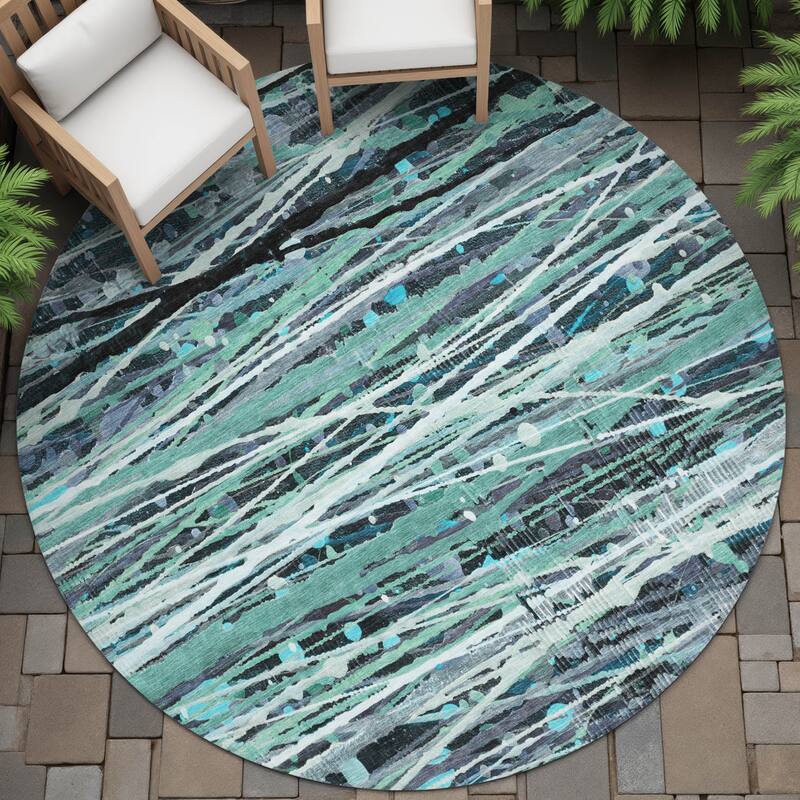 Machine Washable Indoor/Outdoor Abstract Stripes Chantille Rug - Teal - 8' x 8'
