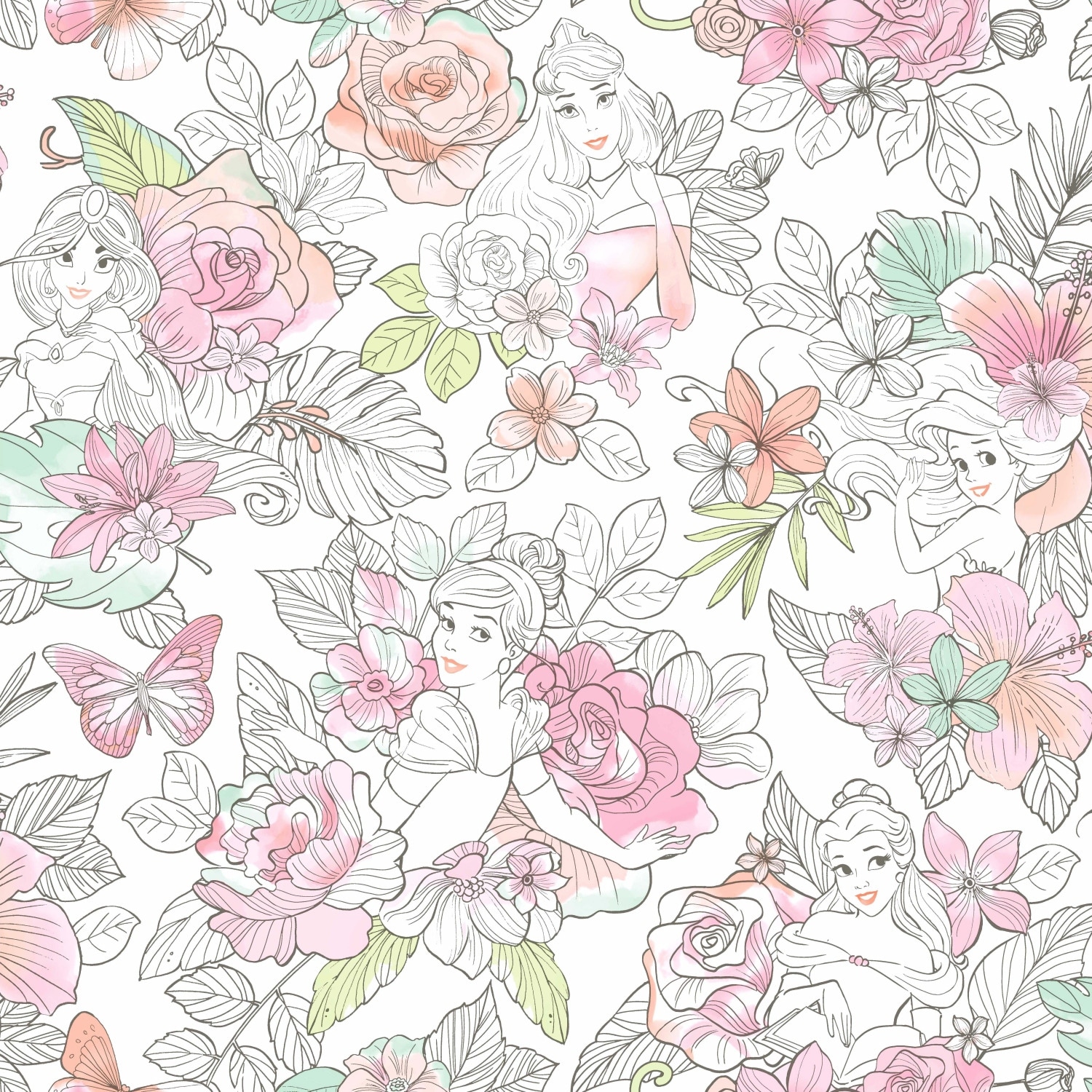 Pink & Green Disney Princess Royal Floral Peel and Stick Wallpaper by RoomMates