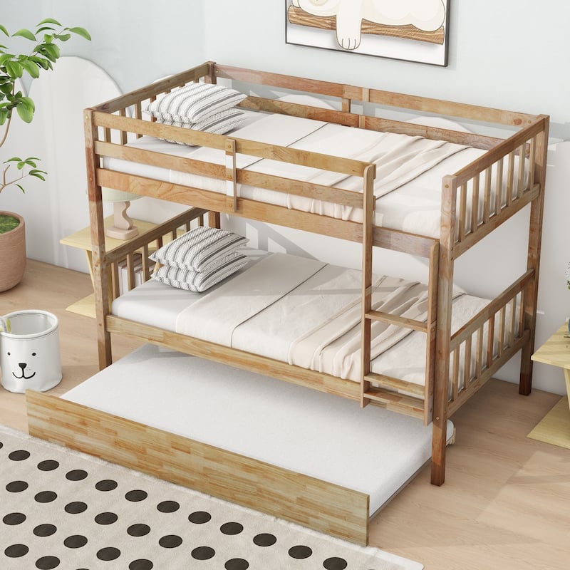 Twin Over Twin Rubberwood Bunk Bed with Pull-Out Trundle, Convertible into Two Separate Beds, Ladder and Safety Guardrails