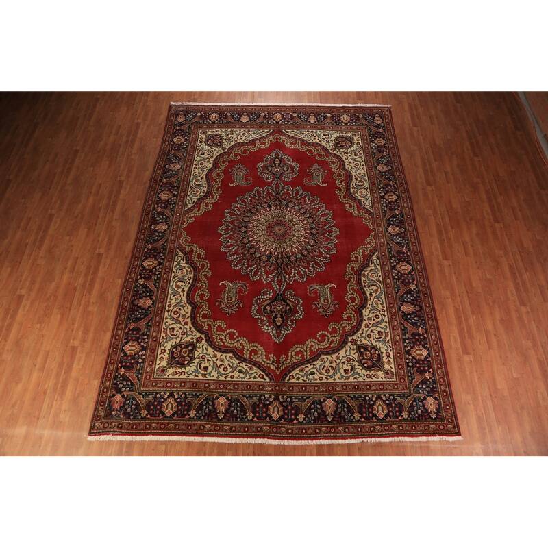 Red Medallion Tabriz Persian Vintage Area Rug Handmade Wool Carpet - 9'10" x 13'4"