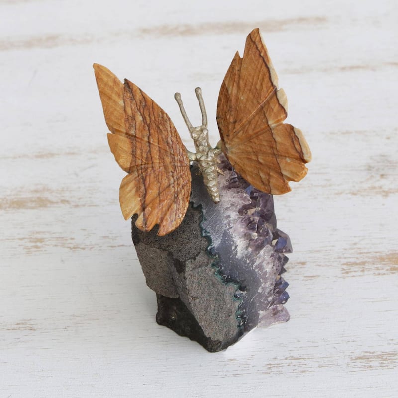 NOVICA Handmade Earthen Wings Jasper And Amethyst Gemstone Figurine (Brazil) - 3.1" H x 2.8" W x 2" D