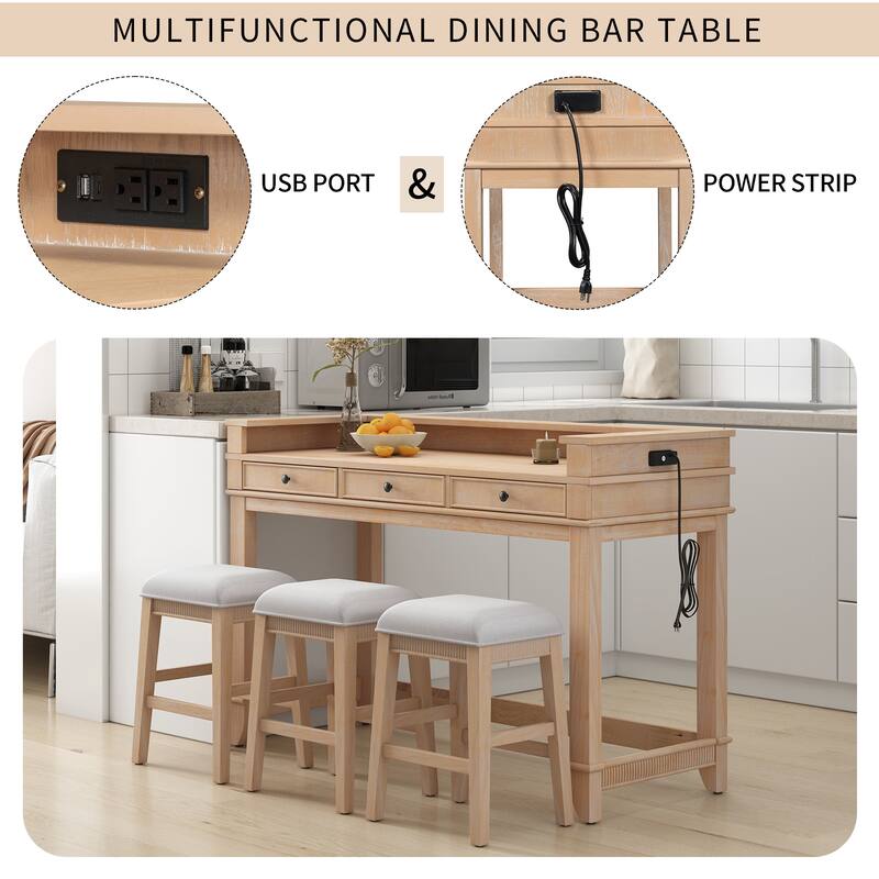 4-Piece Bar Table Set with Charging Station and Drawers, Elegant Counter Height Table and 3 Padded Stools