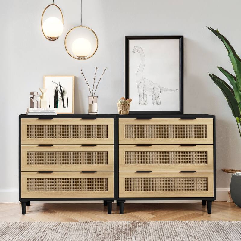 Rattan 3-Drawers Buffet Storage Cabinet (Set of 2)