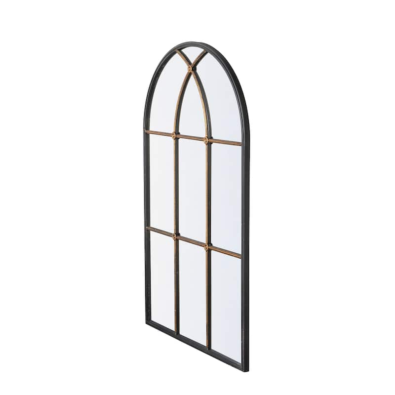 28.3" x 47" Arched Wall Mirror with Black and Gold Windowpane Design