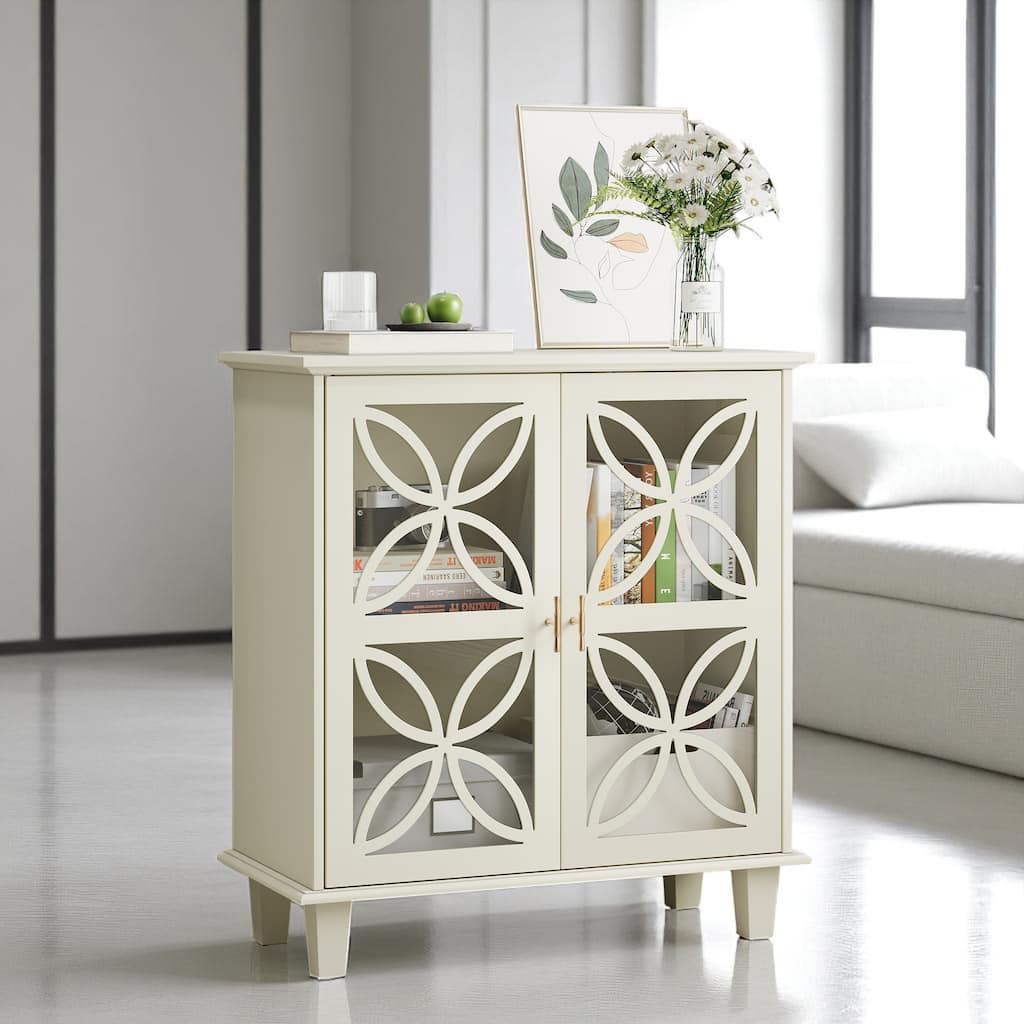 Modern Retro Buffet Storage Cabinet with Glass Doors, Cream Console Table for Kitchen, Entryway, or Bathroom