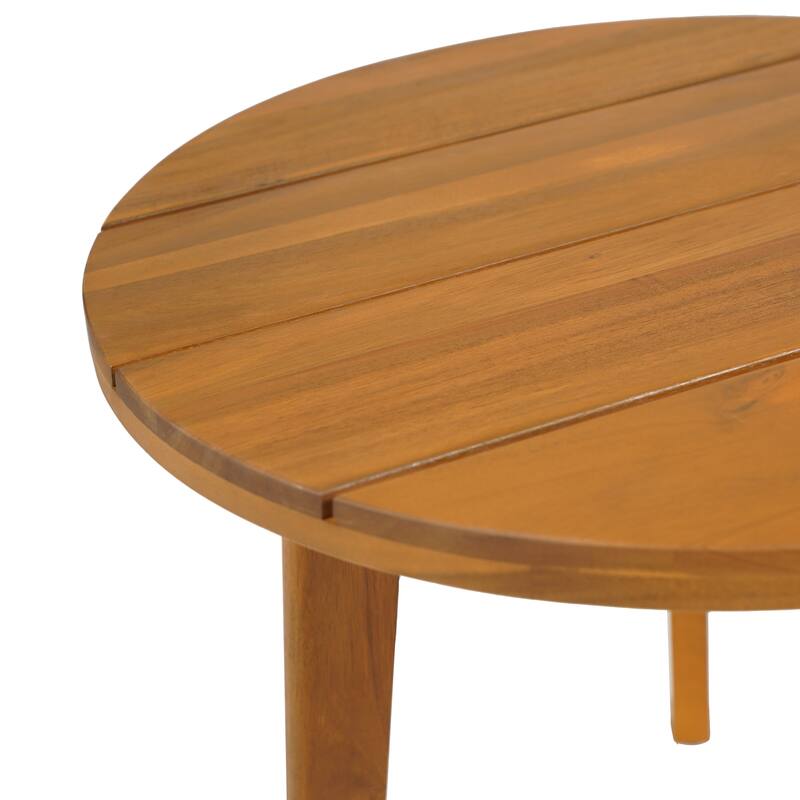Roomfitters Acacia Wood Outdoor Side Table with Round Slatted Surface, Modern Patio Accent for Any Seating Area, Teak