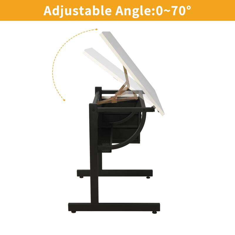White tabletop Adjustable drafting drawing table for Crafting, Reading, Writing with stool and 3 Storage drawers