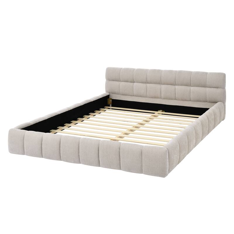 Block Thick Chenille Low Profile Platform Bed Fabric Upholstered Bedframe with Headboard Solid Wood Frame - Optional Storage Bed