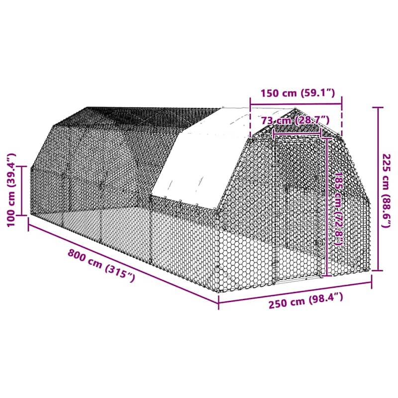 vidaXL Chicken Run Galvanized Steel Large Durable Walk-in Chicken Run - Silver - 315 x 98.4 x 88.6