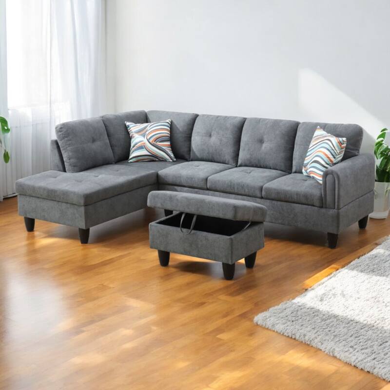 KISRAIS 97" Wide 3-Piece Upholstered Sectional Sofa Set for Small Spaces - Dark Grey Flannel - Left Facing