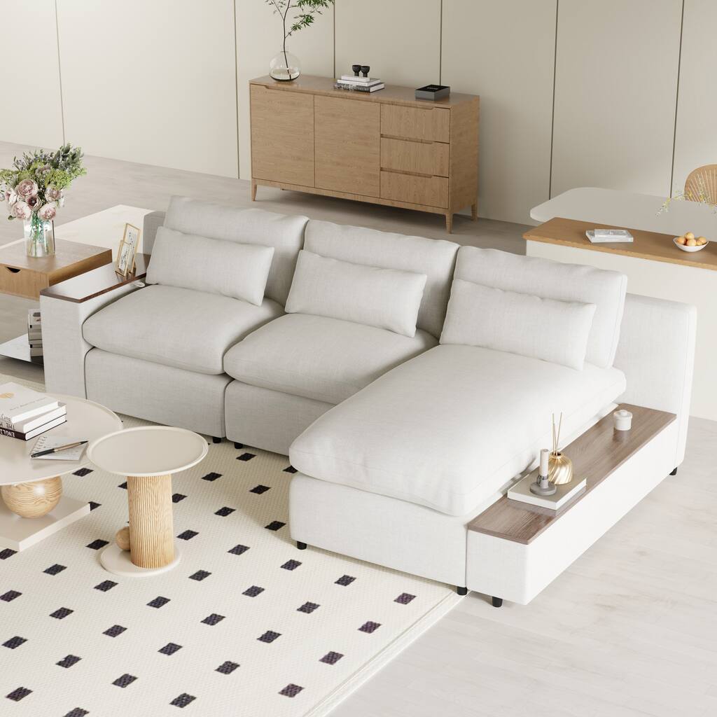 Beige 109.8'' L-Shaped 3-Seat Sofa with Storage Compartments