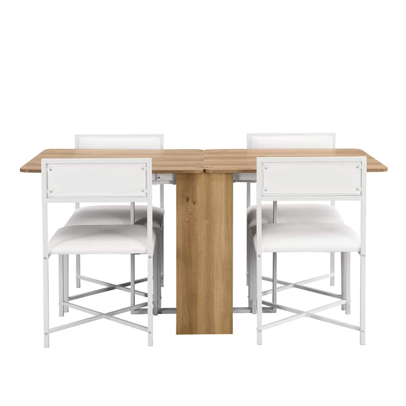 5-Piece Extendable Dining Table Set with 4 White PU Leather Chairs