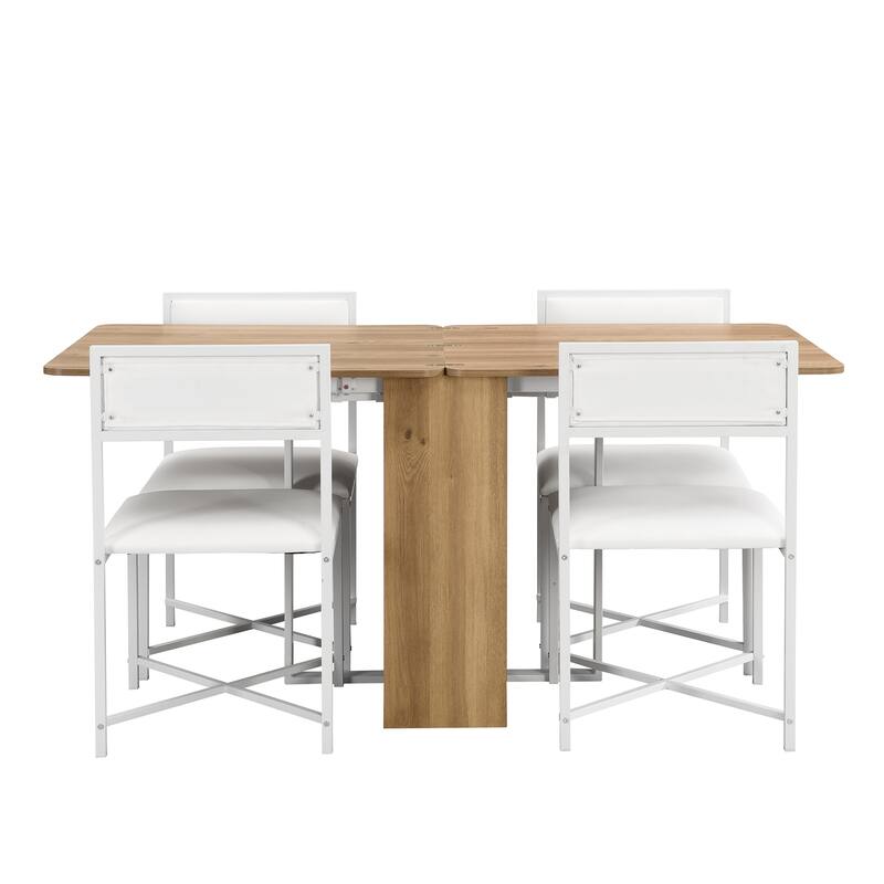 Modern 5-Piece Extendable Dining Table Set, 63" Kitchen Foldable Wooden Table with Lower Storage Shelf and 4 PU Leather Chairs