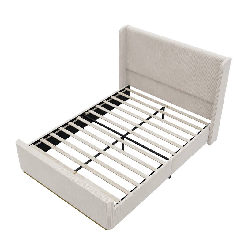 Vertical Stripe Wingback Bed Corduroy Upholstered Bed Frame with High Headboard, Low Profile Platform Bed Light Grey Frame Bed