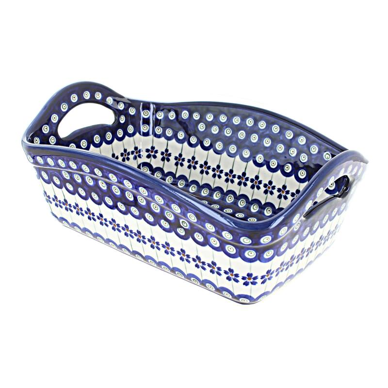 Blue Rose Polish Pottery 2003 Zaklady Basket with Handles - Flowering Peacock