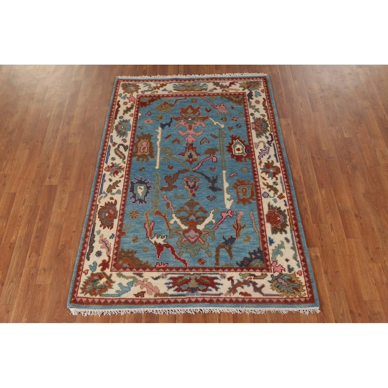 Light Blue Transitional Oushak Oriental Area Rug Handmade Wool Carpet - 4'0"x 5'10"