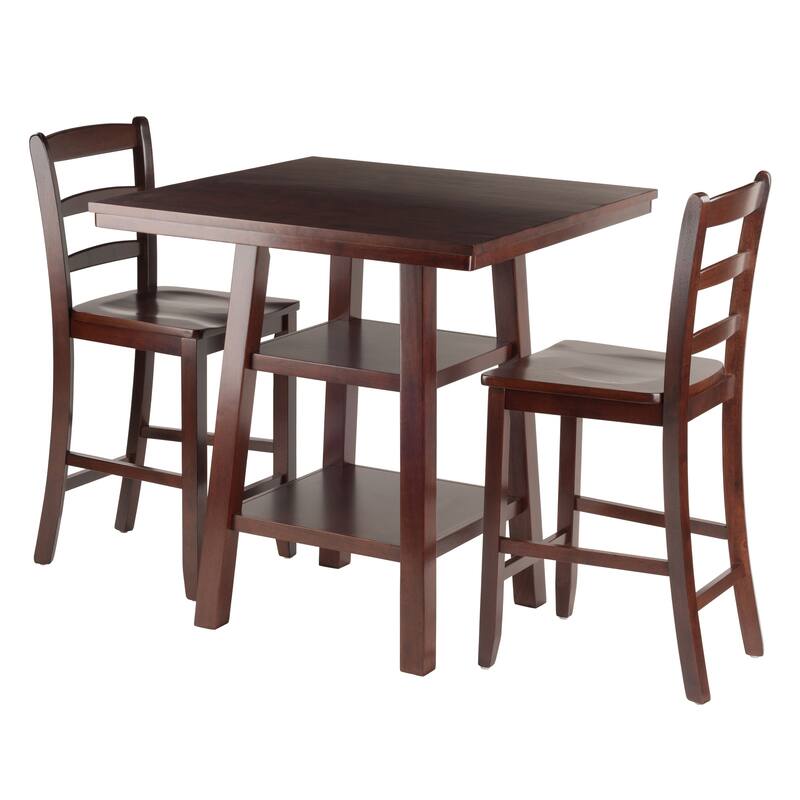 Square Bar Table Set with Ladder Back Chairs and 2 Tier Storage Shelf - 33.8"W x 33.8"D x 36"H