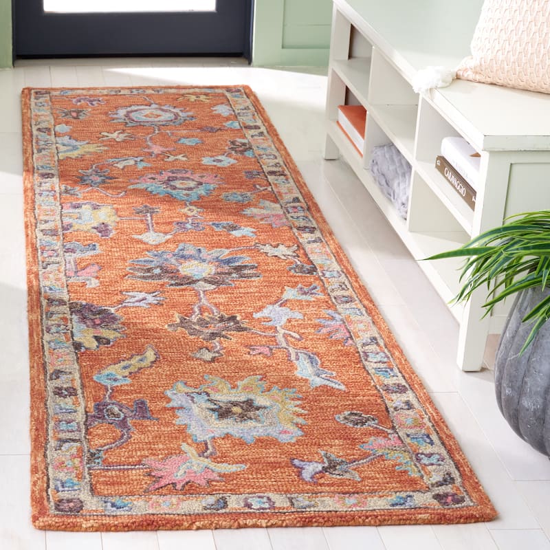SAFAVIEH Handmade Blossom Lindy French Country Floral Wool Rug - 2'3" x 8' Runner - Rust/Blue