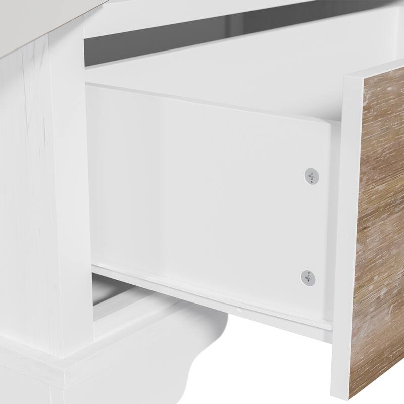 Solid Wood Tall Storage Cabinet, 31.5" Farmhouse Distressed White Carved Armoire with Shelves and Drawer - 31.5"x68.9"