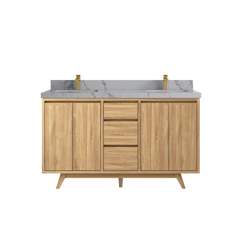 Willow Collections 60 in. W x 22 in. D Madison Teak Double Sink Bathroom Vanity with Countertop - 2" Venatino - Light Natural Teak