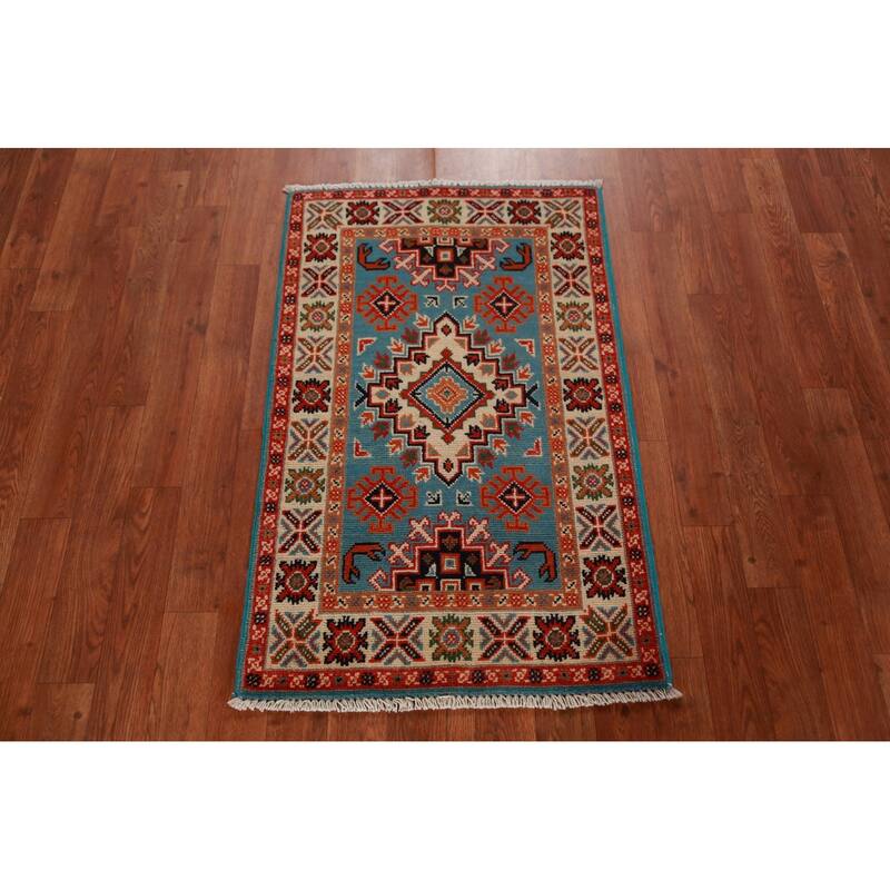 Blue Kazak Oriental Foyer Rug Hand-Knotted Wool Carpet - 2'0"x 3'0"