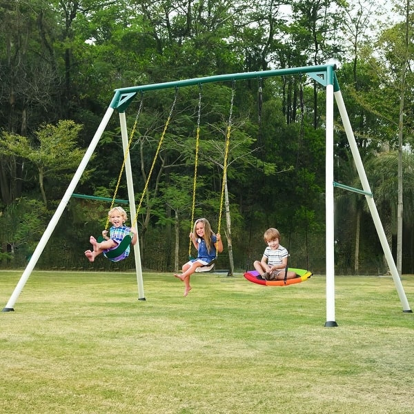 slide 2 of 9, Hapfan 9.5' Heavy Duty Metal Swing Set Tall Swing Sets with Saucer Swing, 2 Belt Swings for Backyard