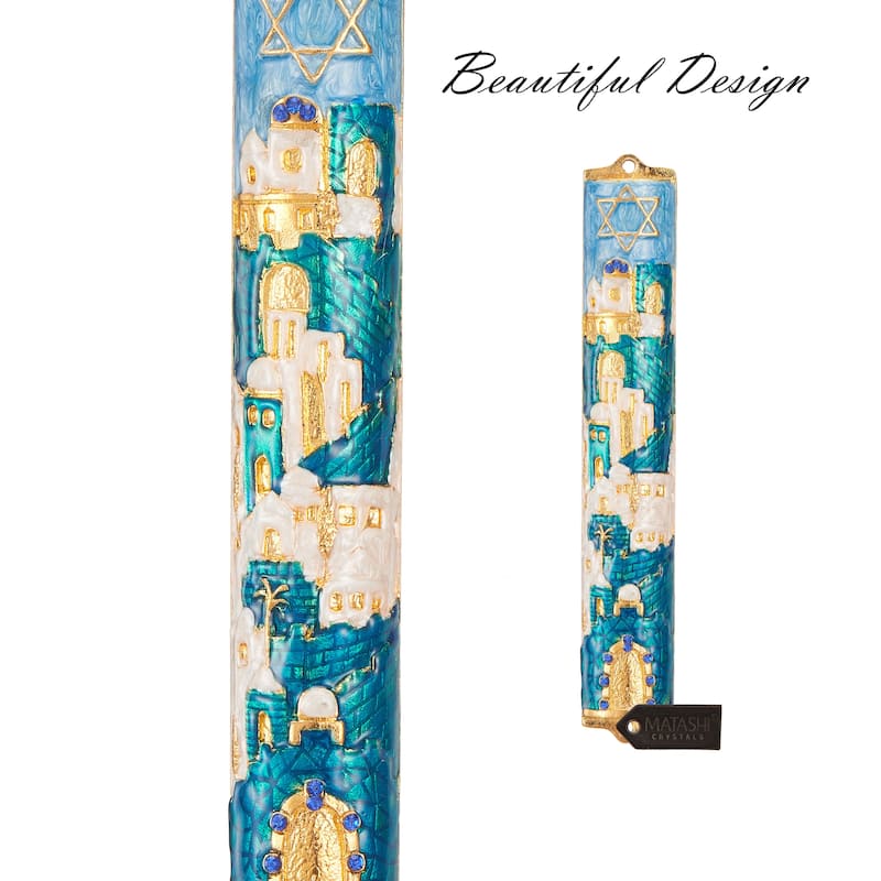 Matashi Hand Painted 5.5" Blue and Ivory Enamel Jerusalem Cityscape Mezuzah Embellished with Gold Accents and Star of David