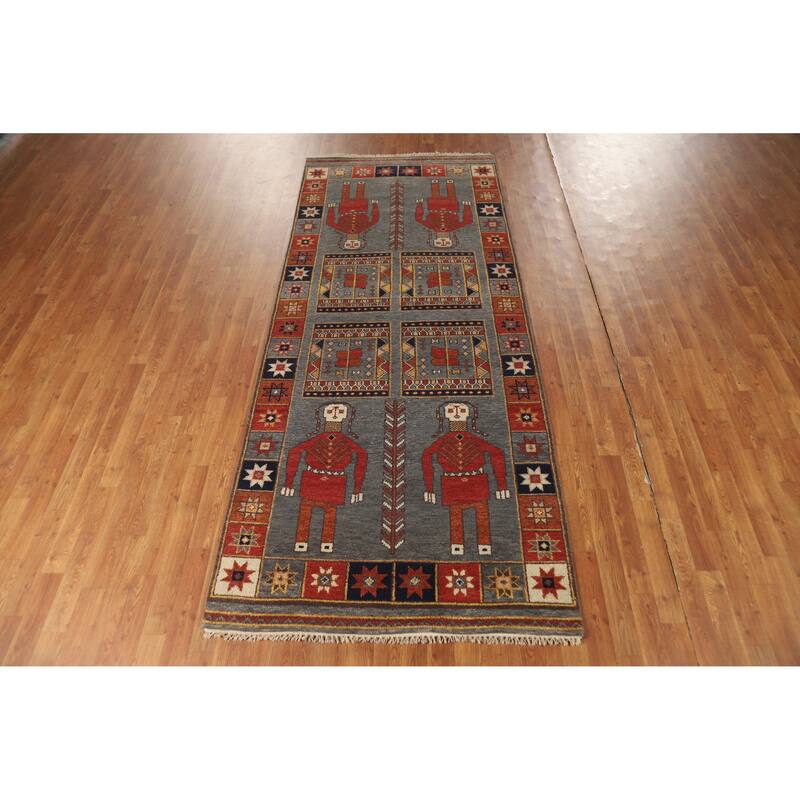 Hand Knotted Oriental 100% Wool Carpet Traditional Tribal Greys & Charcoal Heriz (serapi) Runner Rug - 9' 10'' X 4' 0''
