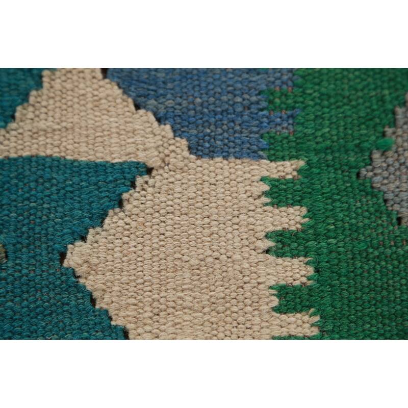 Hand Woven Oriental 100% Wool Carpet Southwestern Geometric Green Kilim Runner Rug - 13' 1'' X 2' 7''