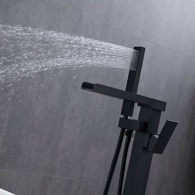 Freestanding Black Bathtub Faucet Tub Filler, Floor Mount Single Handle Bathroom Faucets with Hand Shower