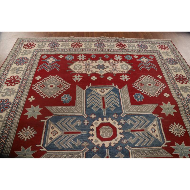 Geometric Red Kazak Oriental Area Rug Wool Carpet - 8'0" x 9'9"